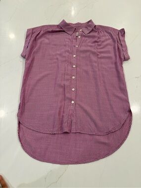 LOFT Pink/Purple and white Striped Button-Front Short Sleeve Tunic